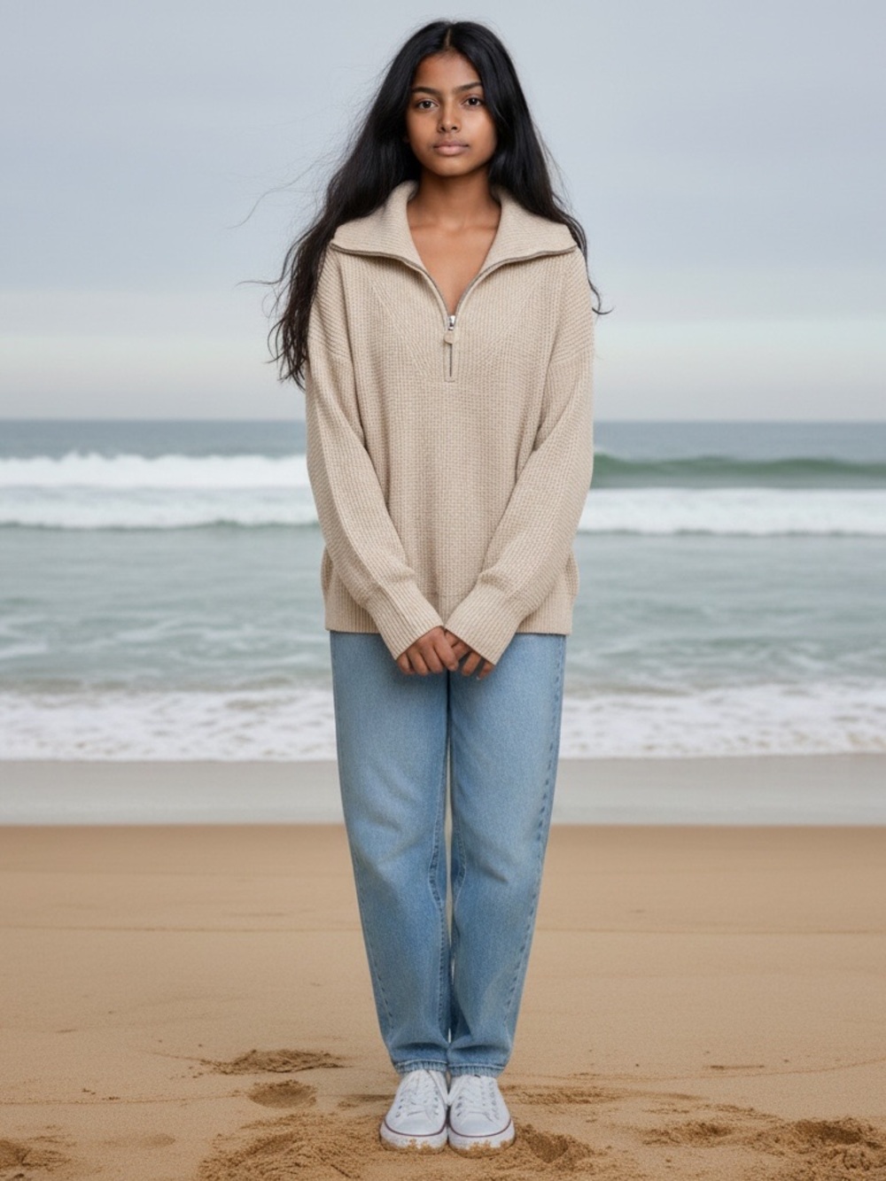 aerie Cream Half-Zip Waffle Knit Turtleneck Sweater women’s small